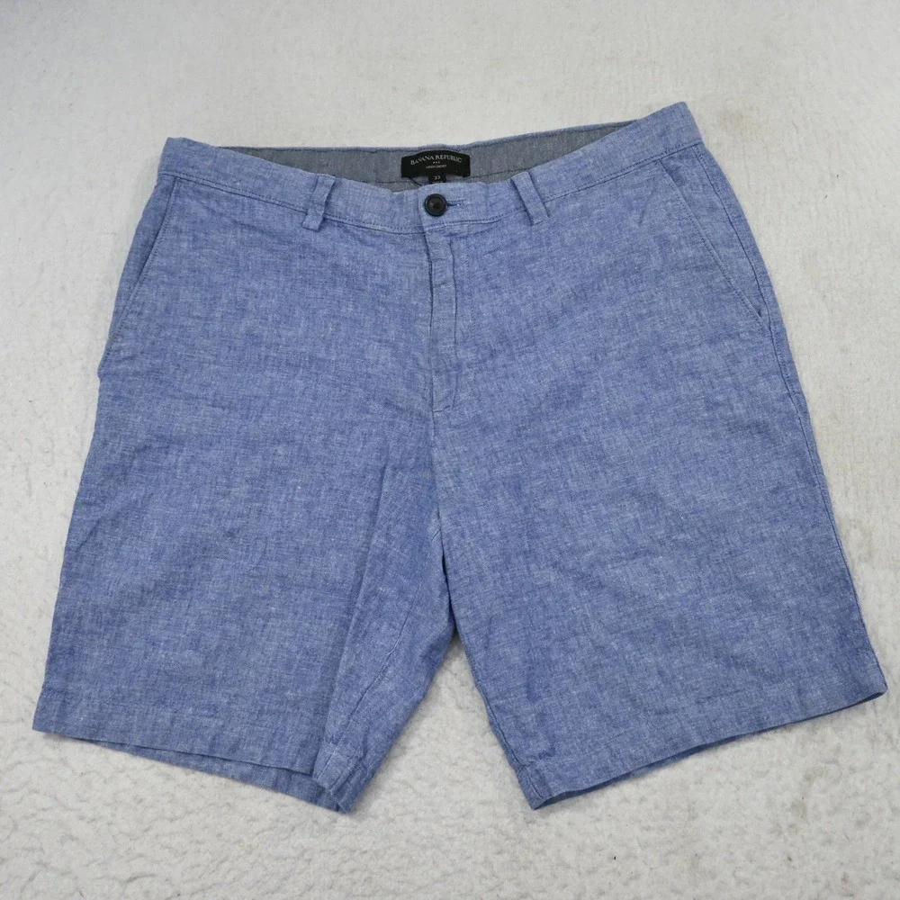 Banana Republic Aiden‎ Short Men 33 Blue Linen Blend Flat Front Casual Preppy